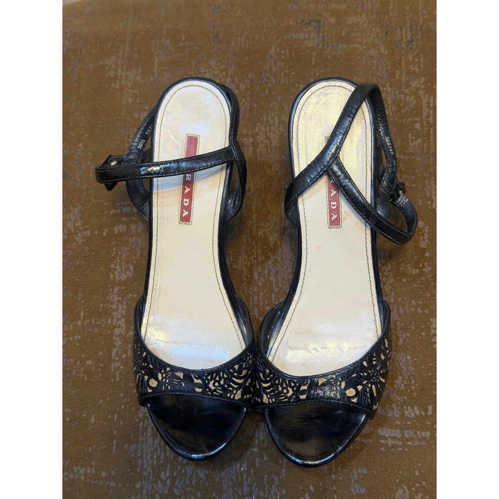 Prada Black Patent Leather Laser Cut Floral Wedge Sandals 3XZ145 36.5 EU